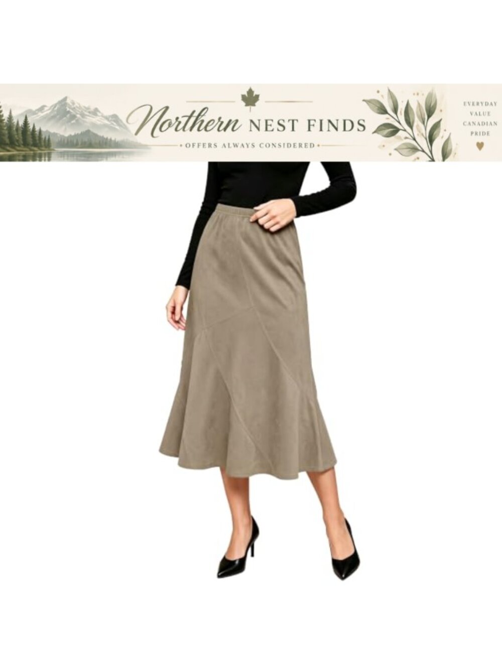 Faux Suede A-Line Midi Skirt High Waist Elastic Pull-On